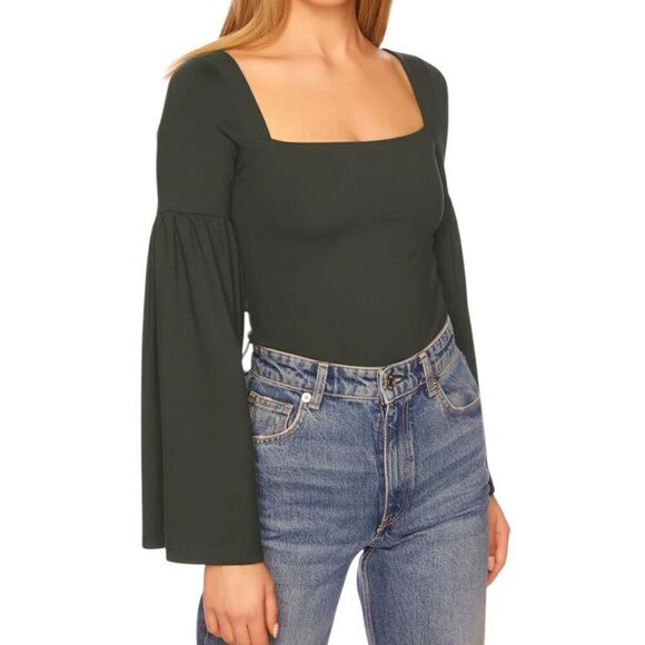 NEW Susana Monaco Bell Sleeve Square Neck Top Hunter Green S - Picture 1 of 8